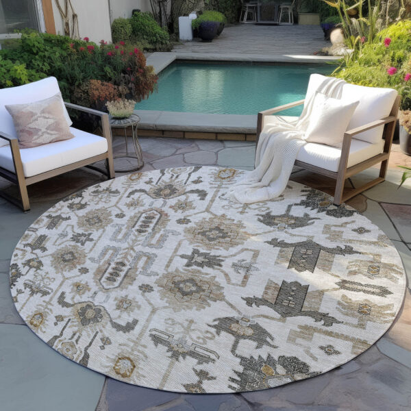 8' Ivory Beige And Taupe Round Oriental Washable Indoor Outdoor Area Rug