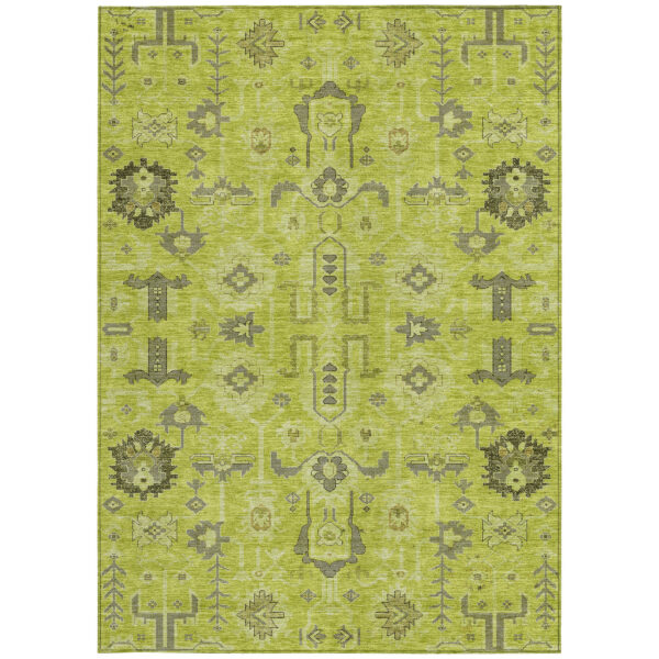 5' X 8' Artichoke Green And Fern Green Oriental Washable Indoor Outdoor Area Rug