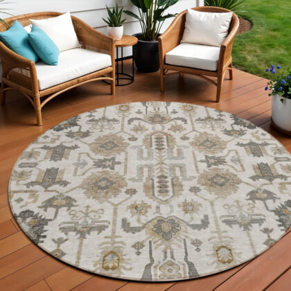 8' Ivory Beige And Taupe Round Oriental Washable Indoor Outdoor Area Rug