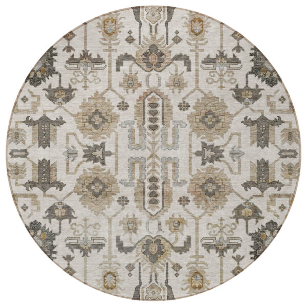 8' Ivory Beige And Taupe Round Oriental Washable Indoor Outdoor Area Rug