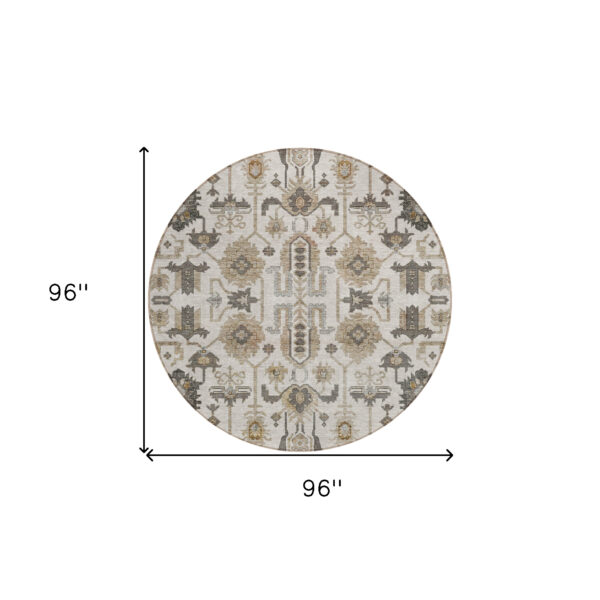 8' Ivory Beige And Taupe Round Oriental Washable Indoor Outdoor Area Rug