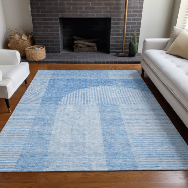 8' X 10' Sky Blue And Denim Blue Geometric Washable Indoor Outdoor Area Rug