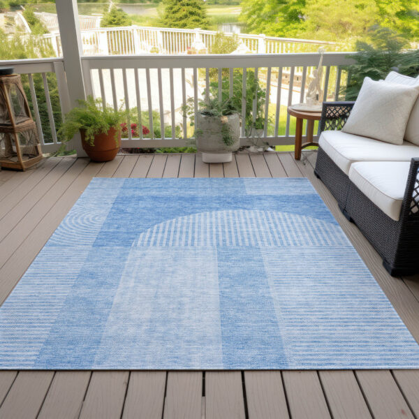 8' X 10' Sky Blue And Denim Blue Geometric Washable Indoor Outdoor Area Rug