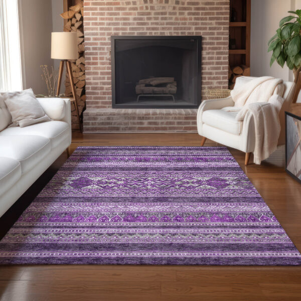 9' X 12' Purple Eggplant And Gray Southwestern Washable Indoor Outdoor Area Rug