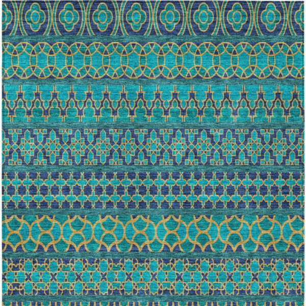 10' X 14' Teal Blue And Navy Blue Quatrefoil Washable Indoor Outdoor Area Rug