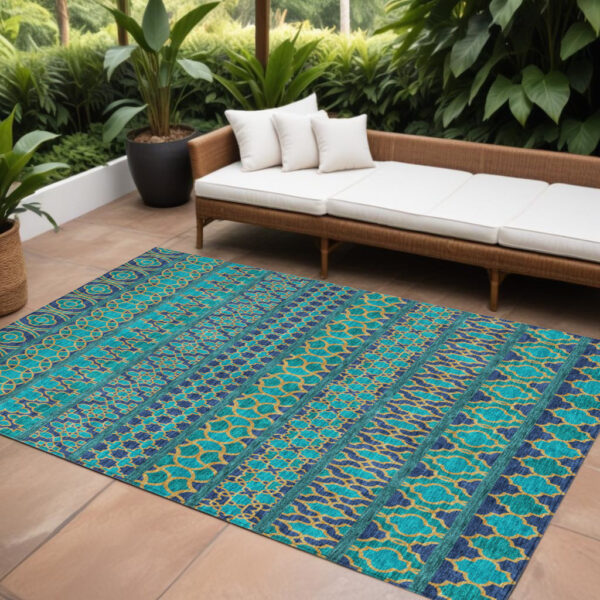 10' X 14' Teal Blue And Navy Blue Quatrefoil Washable Indoor Outdoor Area Rug