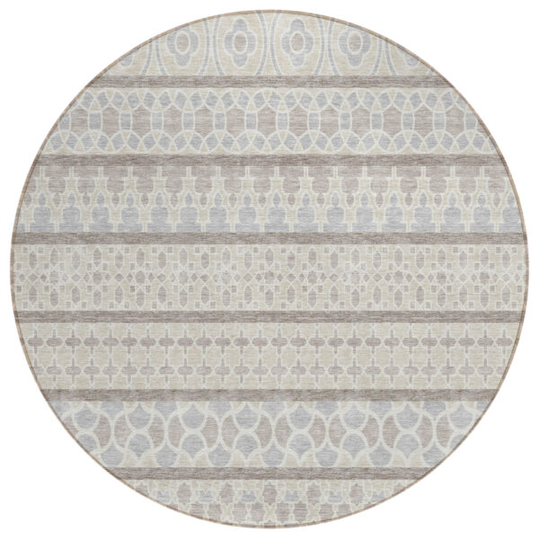 8' Ivory Beige And Taupe Round Quatrefoil Washable Indoor Outdoor Area Rug