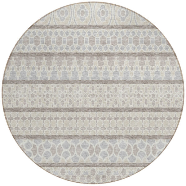 8' Ivory Beige And Taupe Round Quatrefoil Washable Indoor Outdoor Area Rug