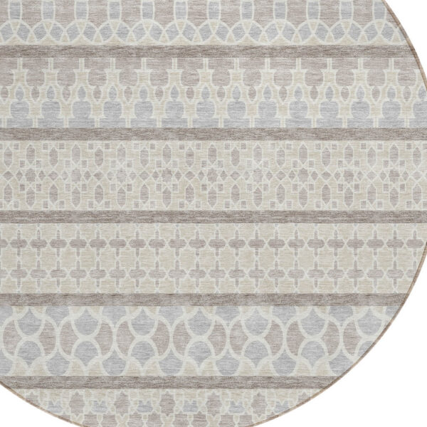 8' Ivory Beige And Taupe Round Quatrefoil Washable Indoor Outdoor Area Rug