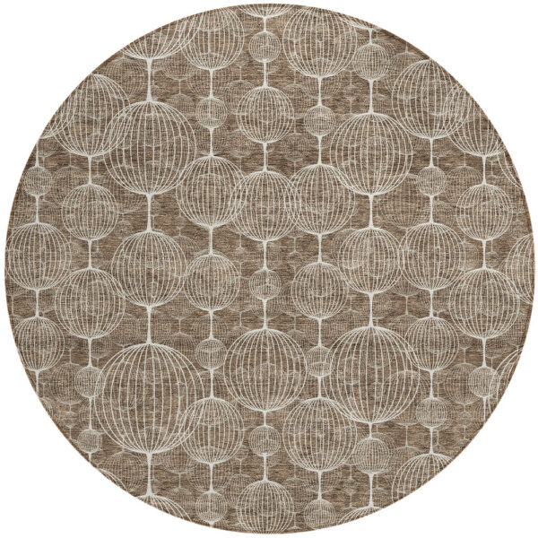 8' Chocolate And Beige Round Geometric Washable Indoor Outdoor Area Rug