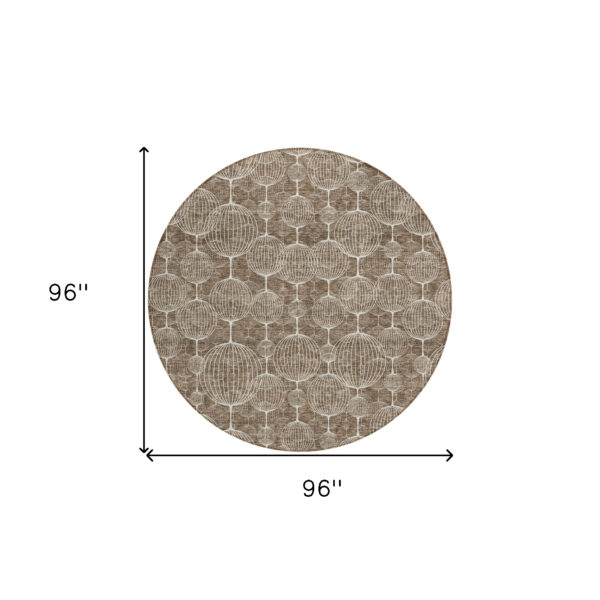 8' Chocolate And Beige Round Geometric Washable Indoor Outdoor Area Rug