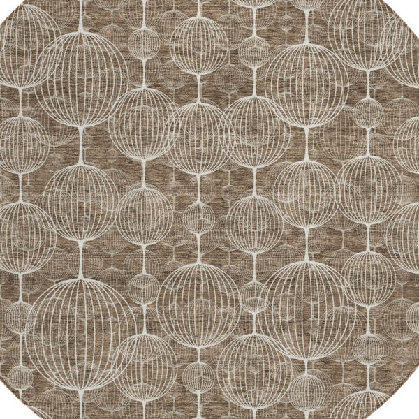 8' Chocolate And Beige Round Geometric Washable Indoor Outdoor Area Rug
