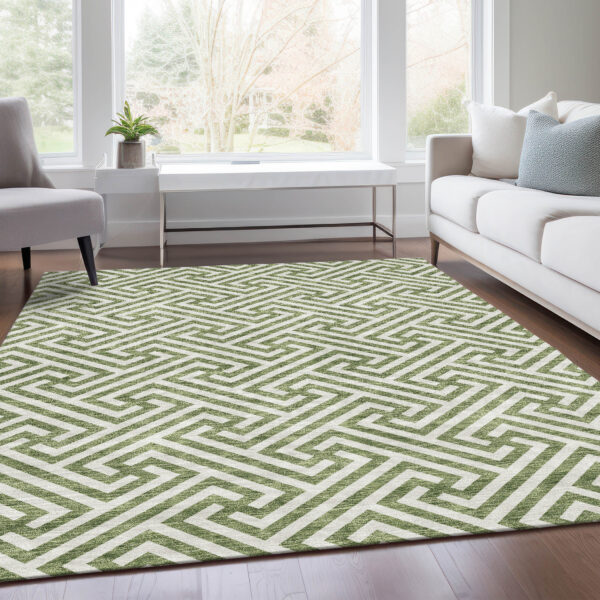 3' X 5' Green And Beige Geometric Washable Indoor Outdoor Area Rug