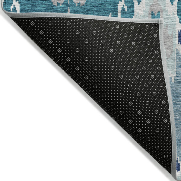 8' Teal Blue Navy Blue And Gray Round Ikat Washable Indoor Outdoor Area Rug