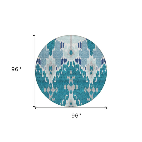8' Teal Blue Navy Blue And Gray Round Ikat Washable Indoor Outdoor Area Rug