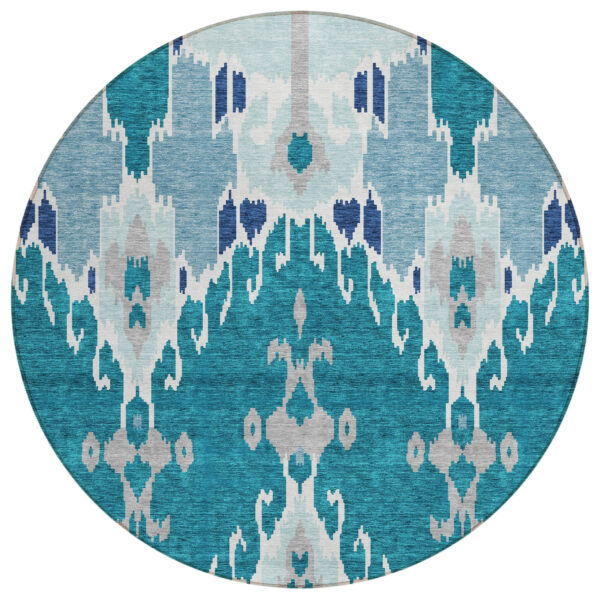 8' Teal Blue Navy Blue And Gray Round Ikat Washable Indoor Outdoor Area Rug