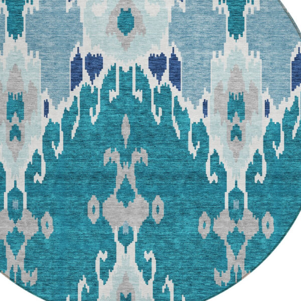 8' Teal Blue Navy Blue And Gray Round Ikat Washable Indoor Outdoor Area Rug