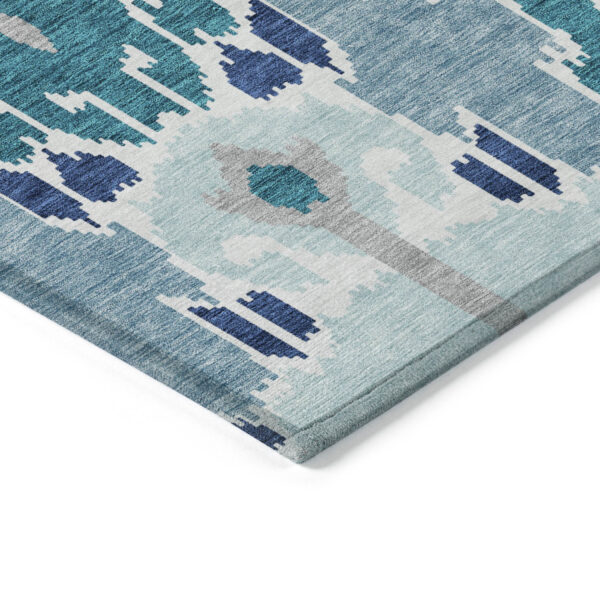 8' Teal Blue Navy Blue And Gray Round Ikat Washable Indoor Outdoor Area Rug
