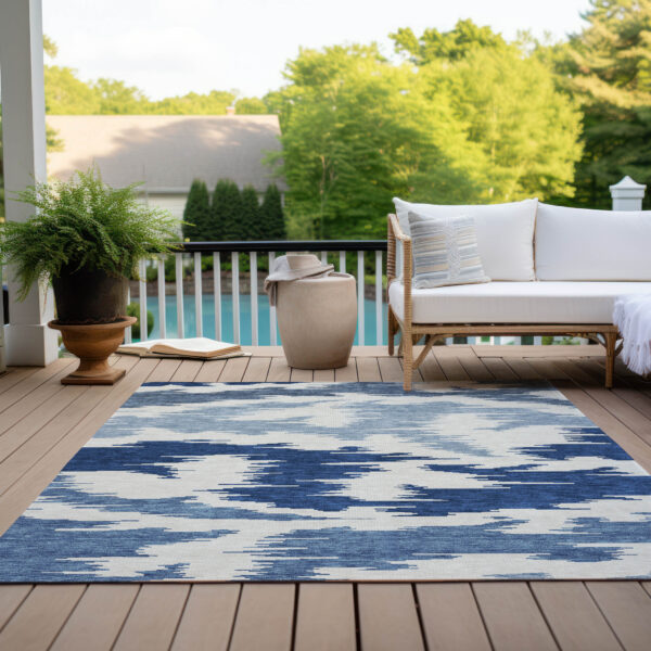 9' X 12' Navy Blue And Denim Blue Abstract Washable Indoor Outdoor Area Rug
