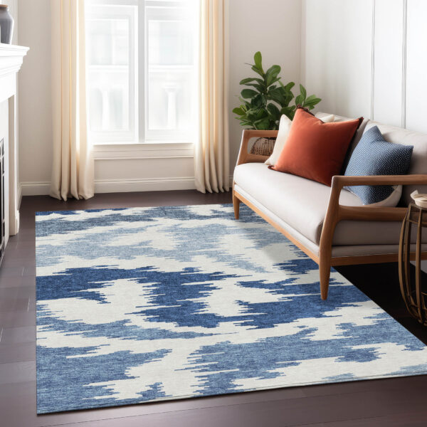 9' X 12' Navy Blue And Denim Blue Abstract Washable Indoor Outdoor Area Rug