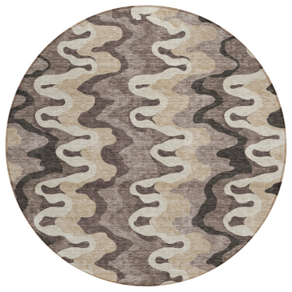 8' Taupe Beige And Chocolate Round Abstract Washable Indoor Outdoor Area Rug