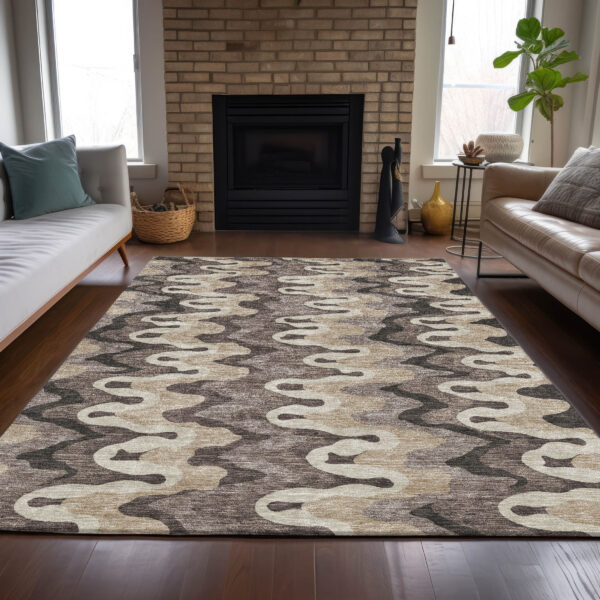 10' X 14' Taupe Beige And Chocolate Abstract Washable Indoor Outdoor Area Rug