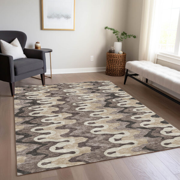10' X 14' Taupe Beige And Chocolate Abstract Washable Indoor Outdoor Area Rug