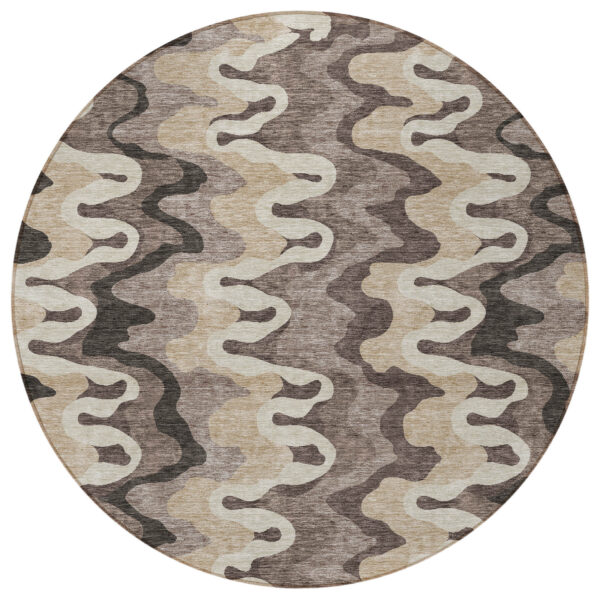 8' Taupe Beige And Chocolate Round Abstract Washable Indoor Outdoor Area Rug