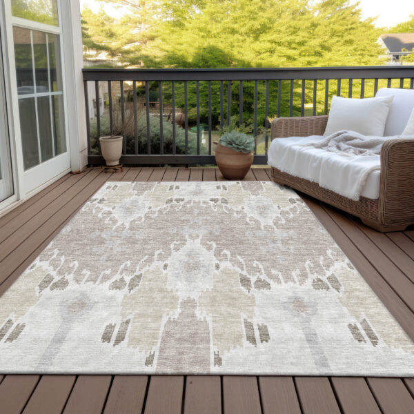 10' X 14' Ivory Beige And Taupe Ikat Washable Indoor Outdoor Area Rug