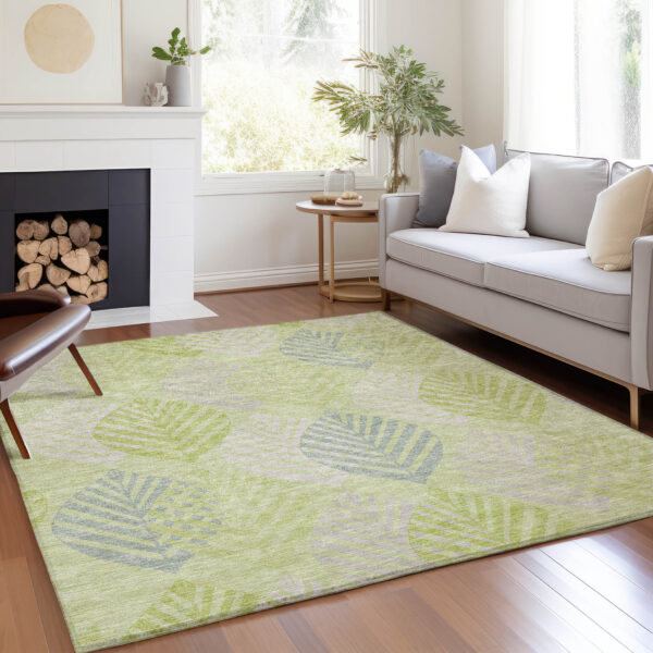 5' X 8' Artichoke Green Green And Ivory Floral Washable Indoor Outdoor Area Rug