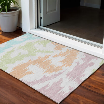 3' X 5' White Sky Blue And Artichoke Green Abstract Washable Indoor Outdoor Area Rug