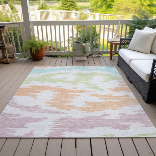 3' X 5' White Sky Blue And Artichoke Green Abstract Washable Indoor Outdoor Area Rug