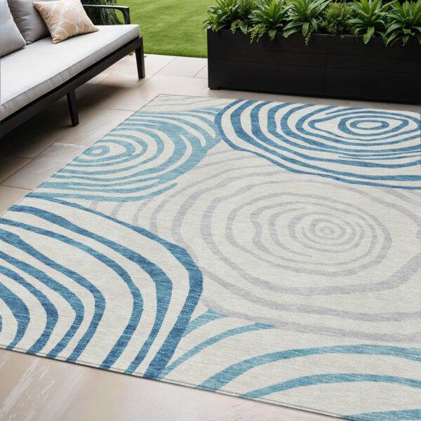 5' X 8' Teal Blue Ivory And Silver Abstract Washable Indoor Outdoor Area Rug