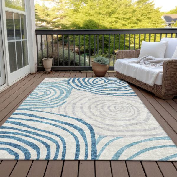 5' X 8' Teal Blue Ivory And Silver Abstract Washable Indoor Outdoor Area Rug