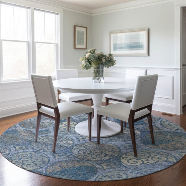 8' Navy Blue And Sky Blue Round Trellis Washable Indoor Outdoor Area Rug