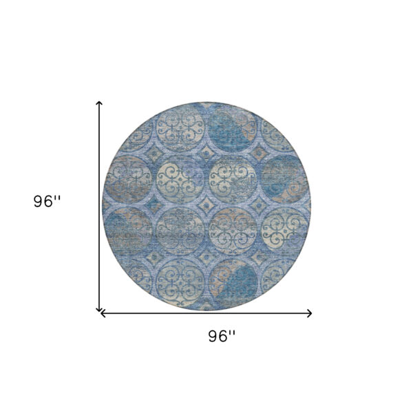 8' Navy Blue And Sky Blue Round Trellis Washable Indoor Outdoor Area Rug