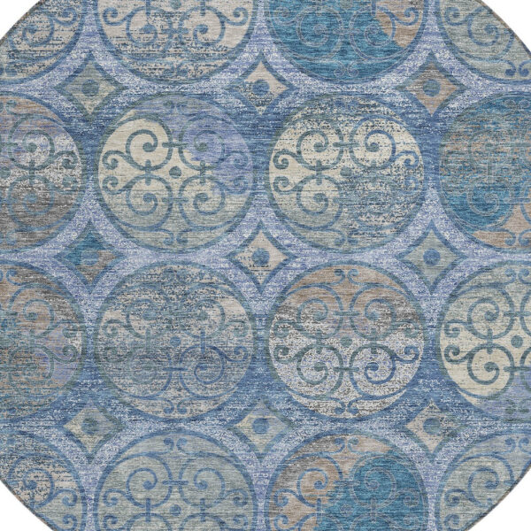 8' Navy Blue And Sky Blue Round Trellis Washable Indoor Outdoor Area Rug