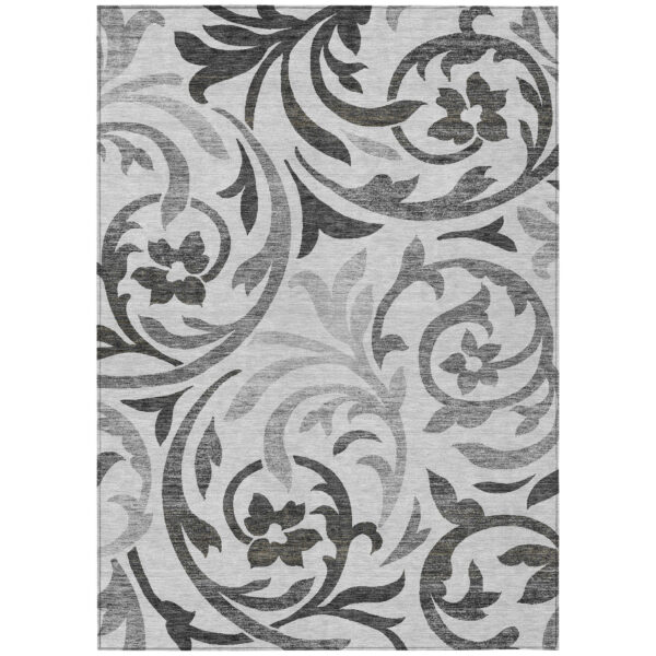 5' X 8' Gray Charcoal And Silver Floral Washable Indoor Outdoor Area Rug