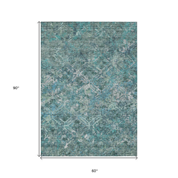 5' X 8' Sage Teal Blue And Gray Geometric Washable Indoor Outdoor Area Rug