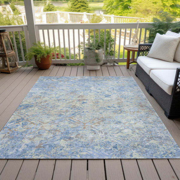 5' X 8' Sky Blue And Denim Blue Geometric Washable Indoor Outdoor Area Rug