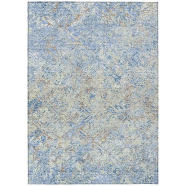 5' X 8' Sky Blue And Denim Blue Geometric Washable Indoor Outdoor Area Rug