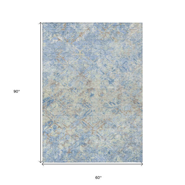 5' X 8' Sky Blue And Denim Blue Geometric Washable Indoor Outdoor Area Rug