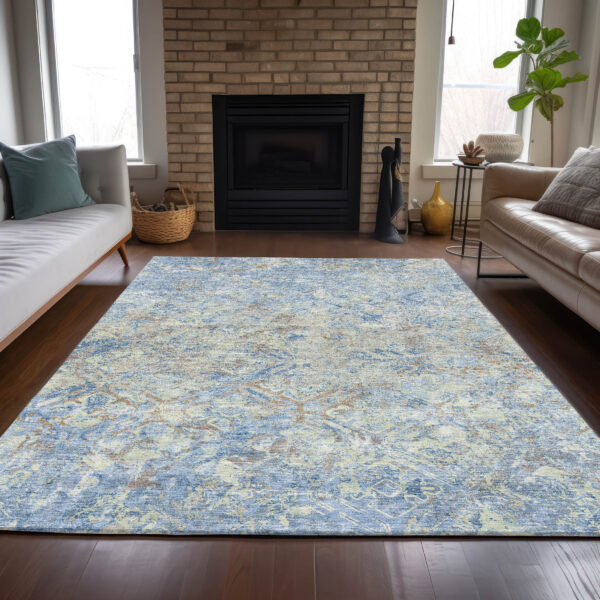 5' X 8' Sky Blue And Denim Blue Geometric Washable Indoor Outdoor Area Rug