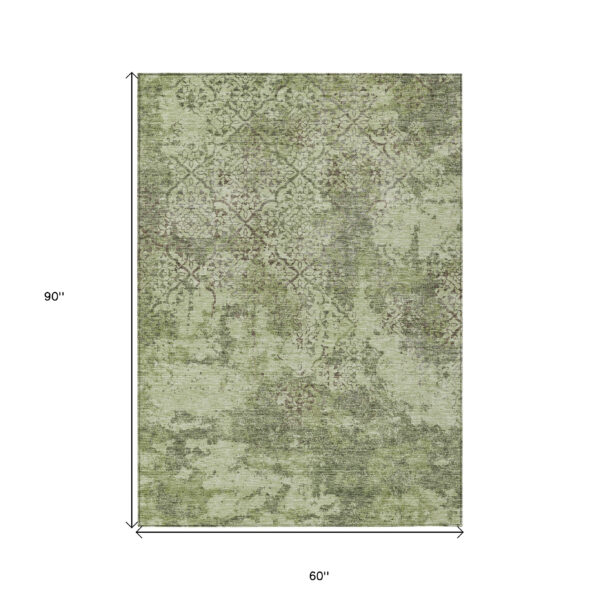 5' X 8' Artichoke Green And Fern Green Floral Washable Indoor Outdoor Area Rug