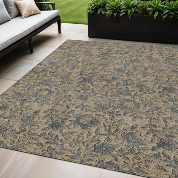 5' X 8' Khaki Beige And Gray Floral Washable Indoor Outdoor Area Rug