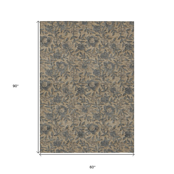 5' X 8' Khaki Beige And Gray Floral Washable Indoor Outdoor Area Rug