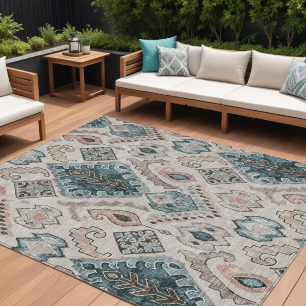 9' X 12' Beige Teal Blue And Copper Moroccan Washable Indoor Outdoor Area Rug