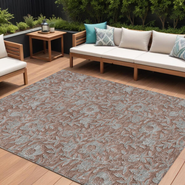 10' X 14' Terra Cotta Copper And Taupe Floral Washable Indoor Outdoor Area Rug