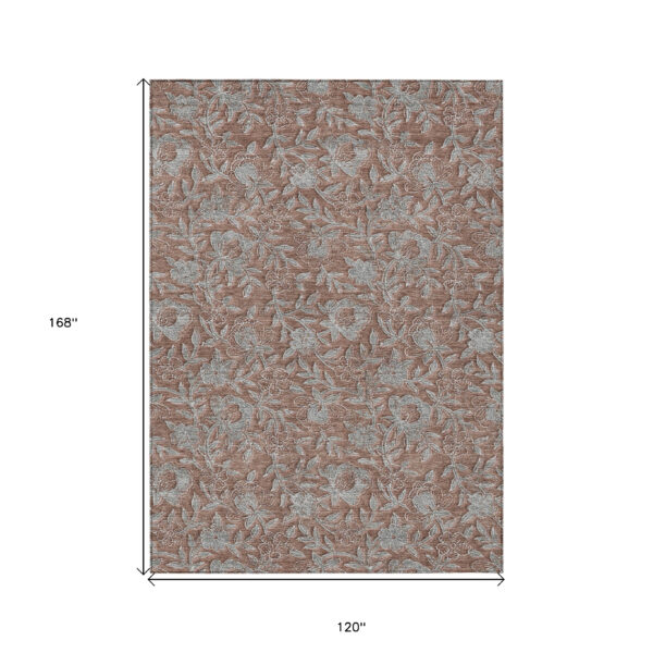 10' X 14' Terra Cotta Copper And Taupe Floral Washable Indoor Outdoor Area Rug