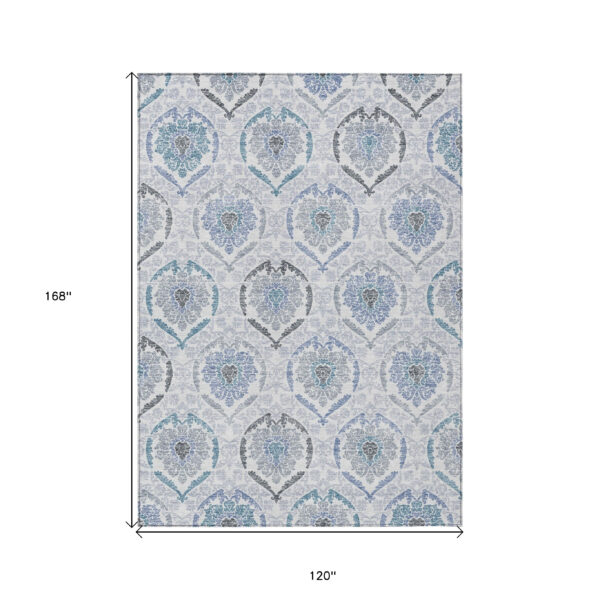 10' X 14' Gray And Denim Blue Medallion Washable Indoor Outdoor Area Rug